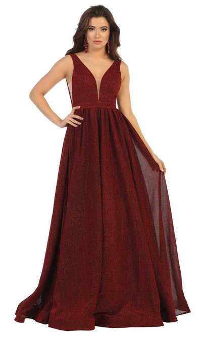 May Queen - RQ7753 Glitter Deep V Neck Evening Gown In Red