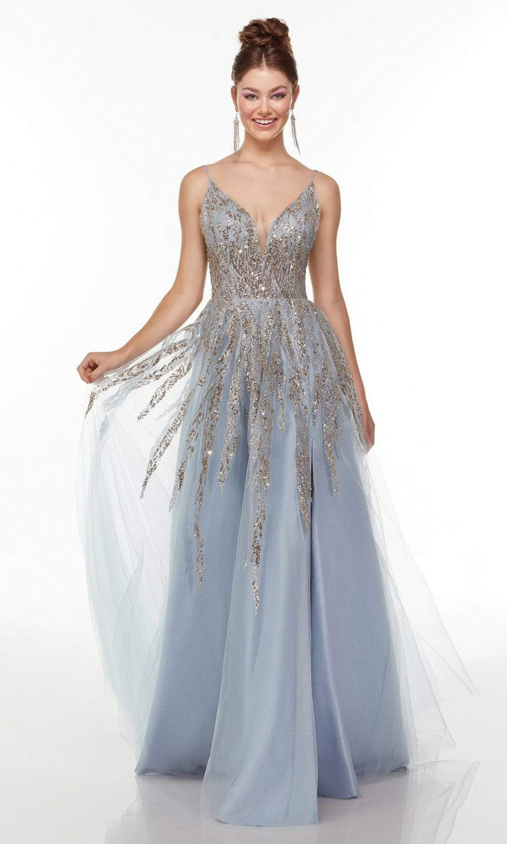 Alyce Paris - 61070 Metallic Beaded High Slit Gown In Blue