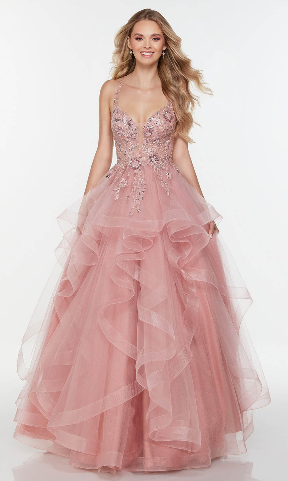 Alyce Paris - 61085 V Neck Organza A-Line Dress In Pink