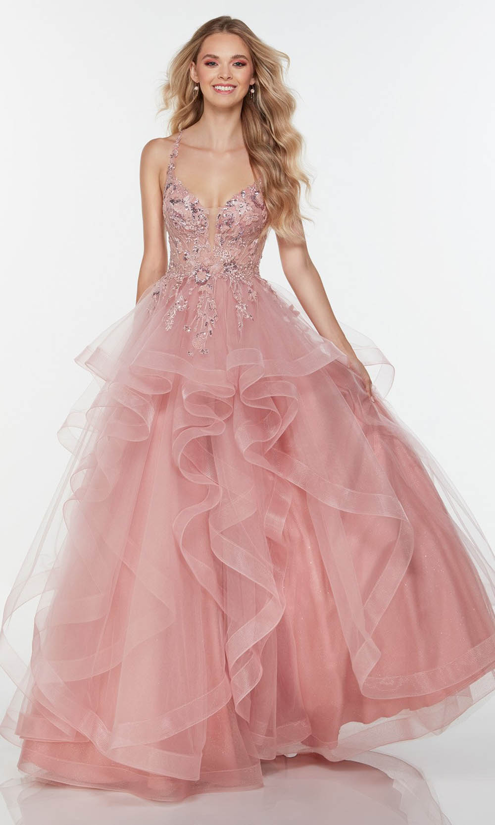 Alyce Paris - 61085 V Neck Organza A-Line Dress In Pink