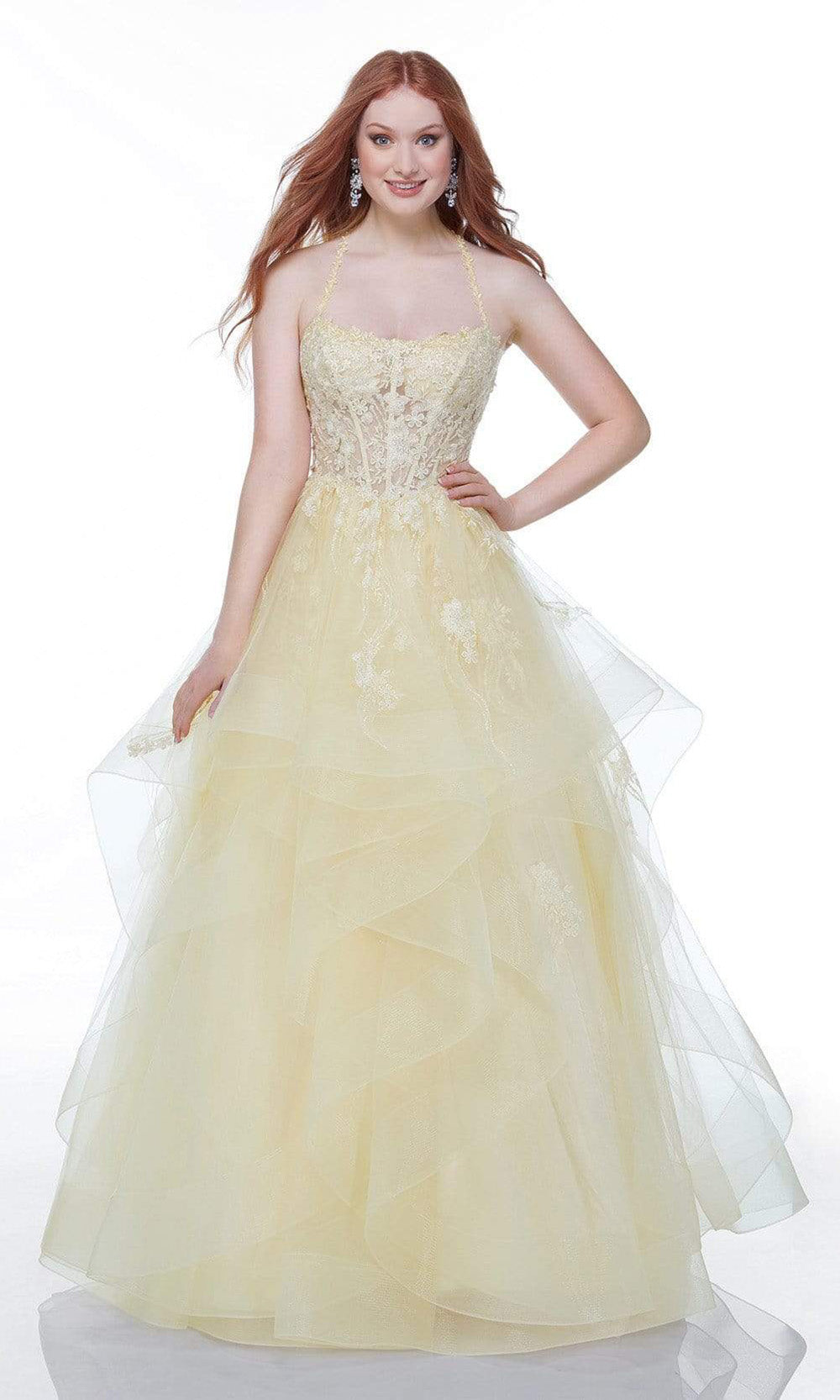Alyce Paris - 61094 Applique Corset Tiered Gown In Yellow