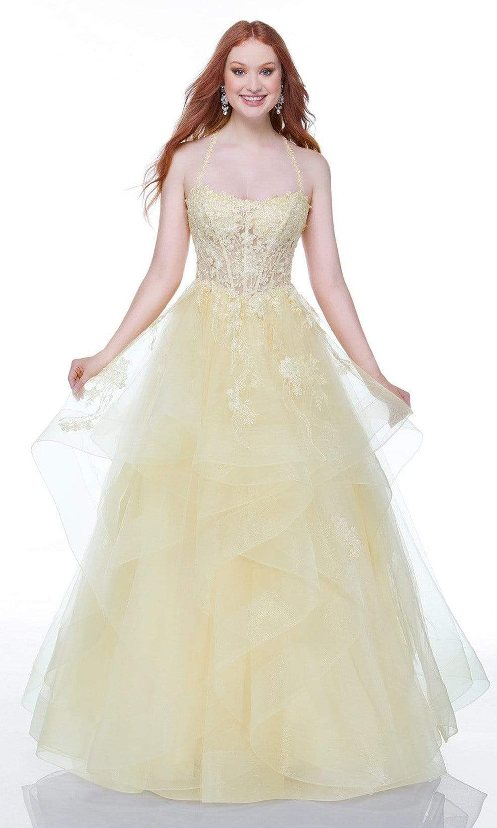 Alyce Paris - 61094 Applique Corset Tiered Gown In Yellow