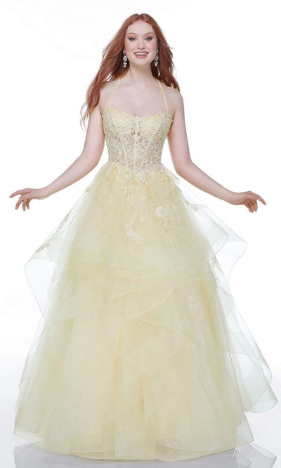 Alyce Paris - 61094 Applique Corset Tiered Gown In Yellow