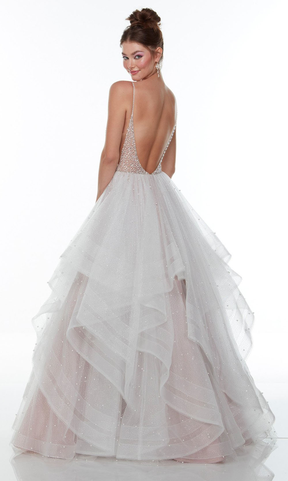 Alyce Paris - 61107 Organza Beaded A-Line Dress In White and Neutral