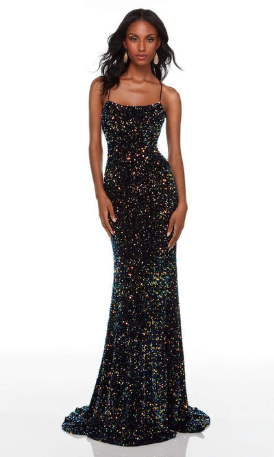 Alyce Paris - 61181 Lace Up Back Sequin Gown In Black and Green