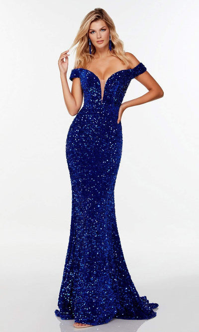 Alyce Paris - 61187 Off Shoulder Sequin Gown In Blue