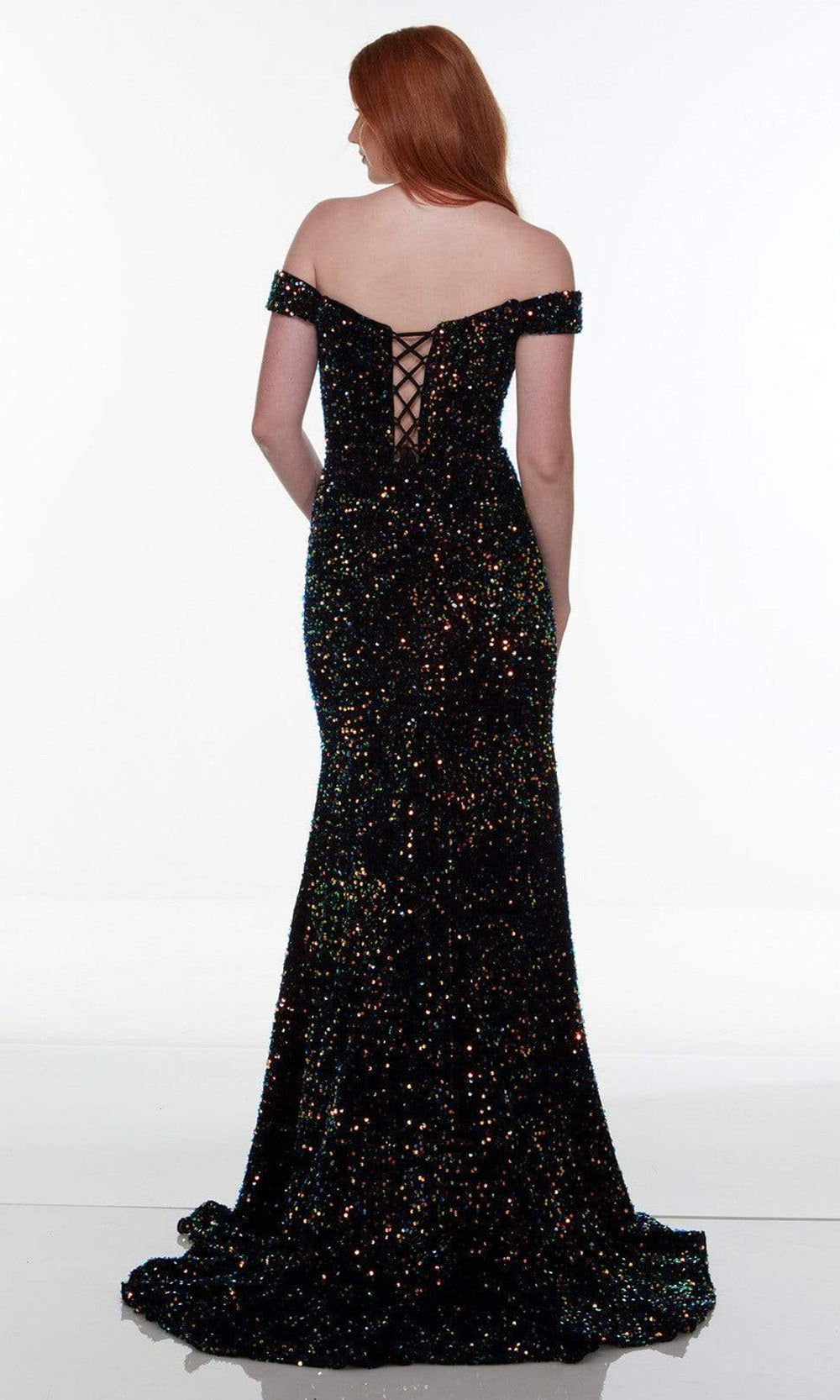 Alyce Paris - 61187 Off Shoulder Sequin Gown In Green and Black
