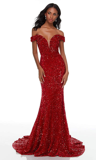 Alyce Paris - 61187 Off Shoulder Sequin Gown In Red