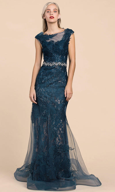Andrea and Leo - A0225 Lace Mermaid Gown With Beaded Belt In Blue