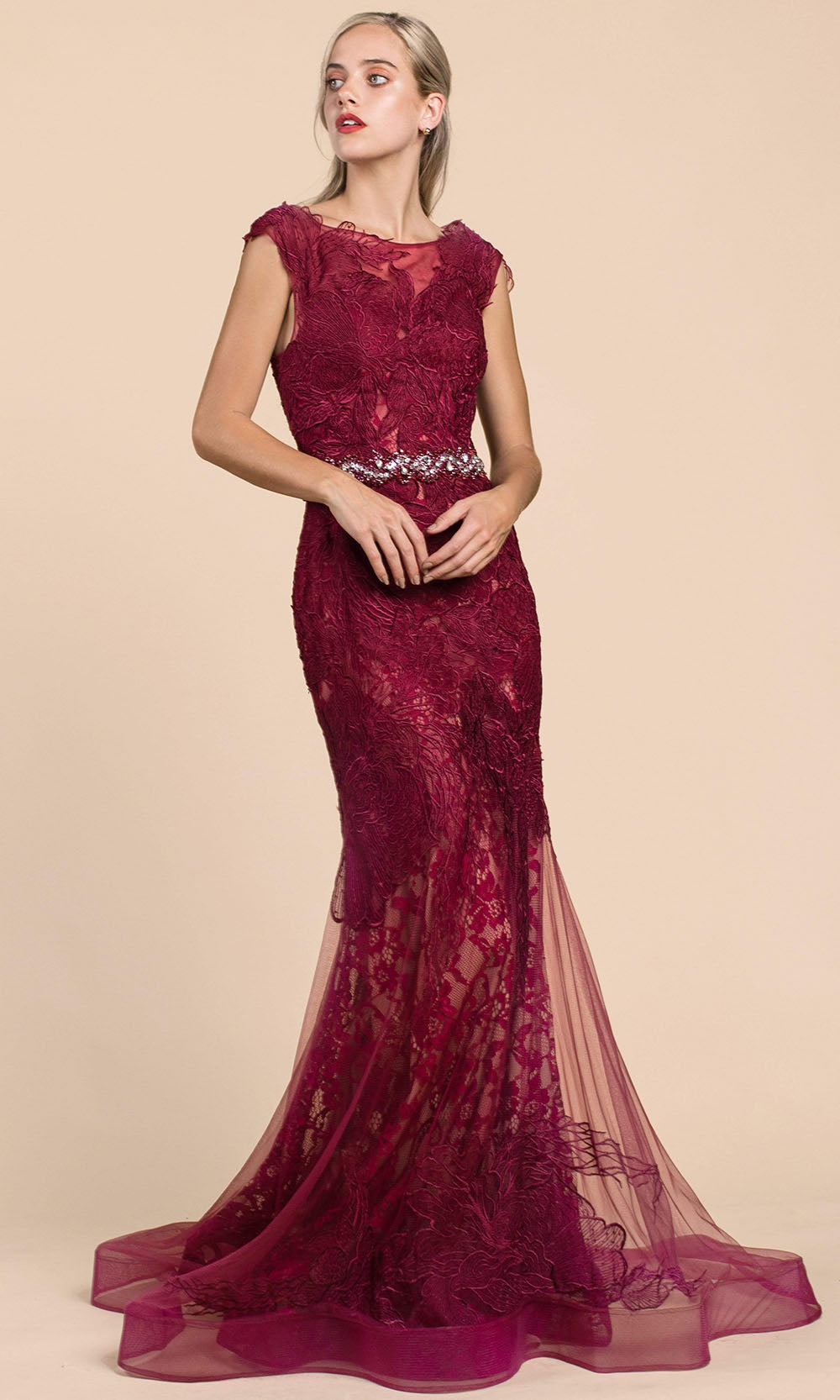 Andrea and Leo - A0225 Lace Mermaid Gown With Beaded Belt In Burgundy