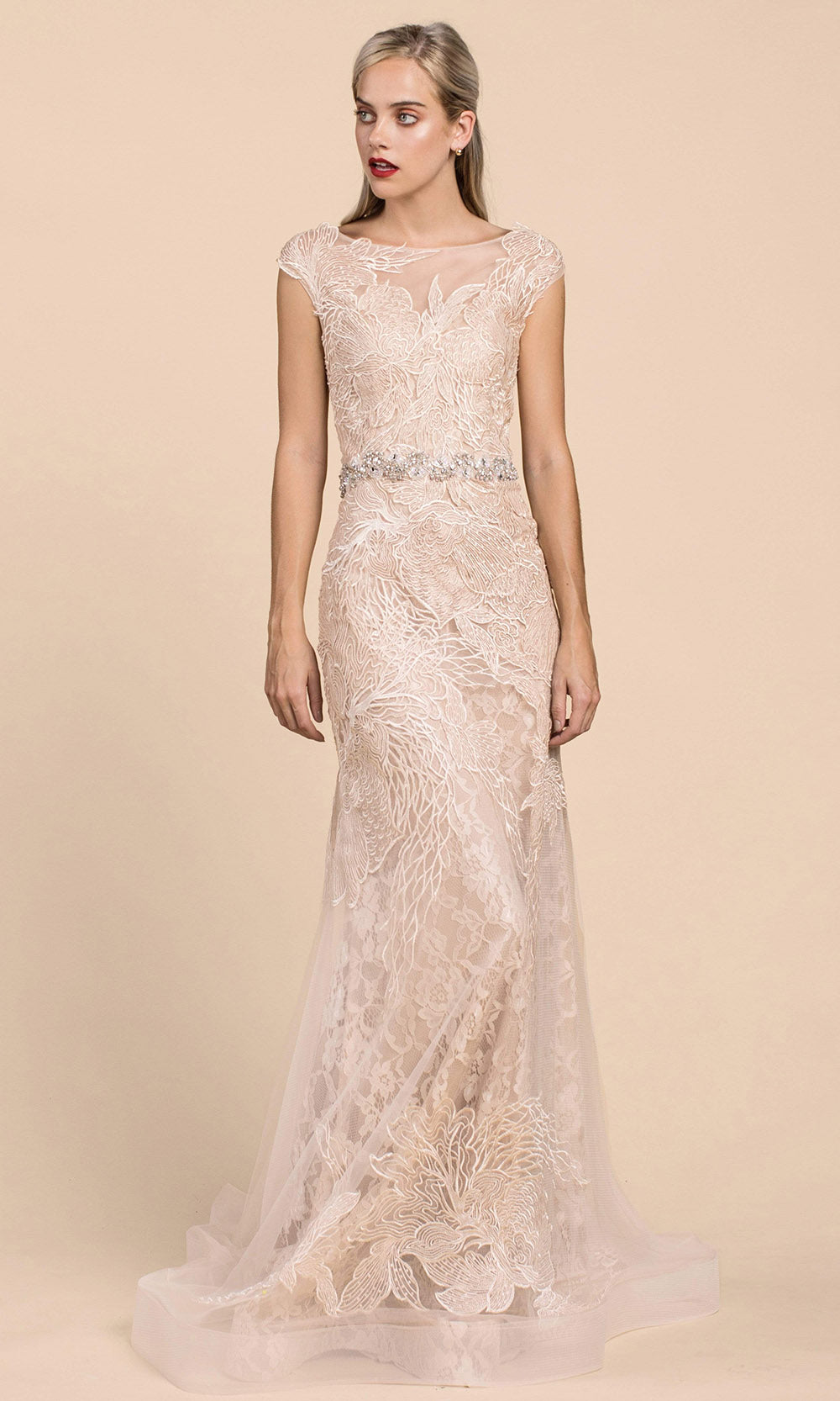 Andrea and Leo - A0225 Lace Mermaid Gown With Beaded Belt In Champagne and Gold