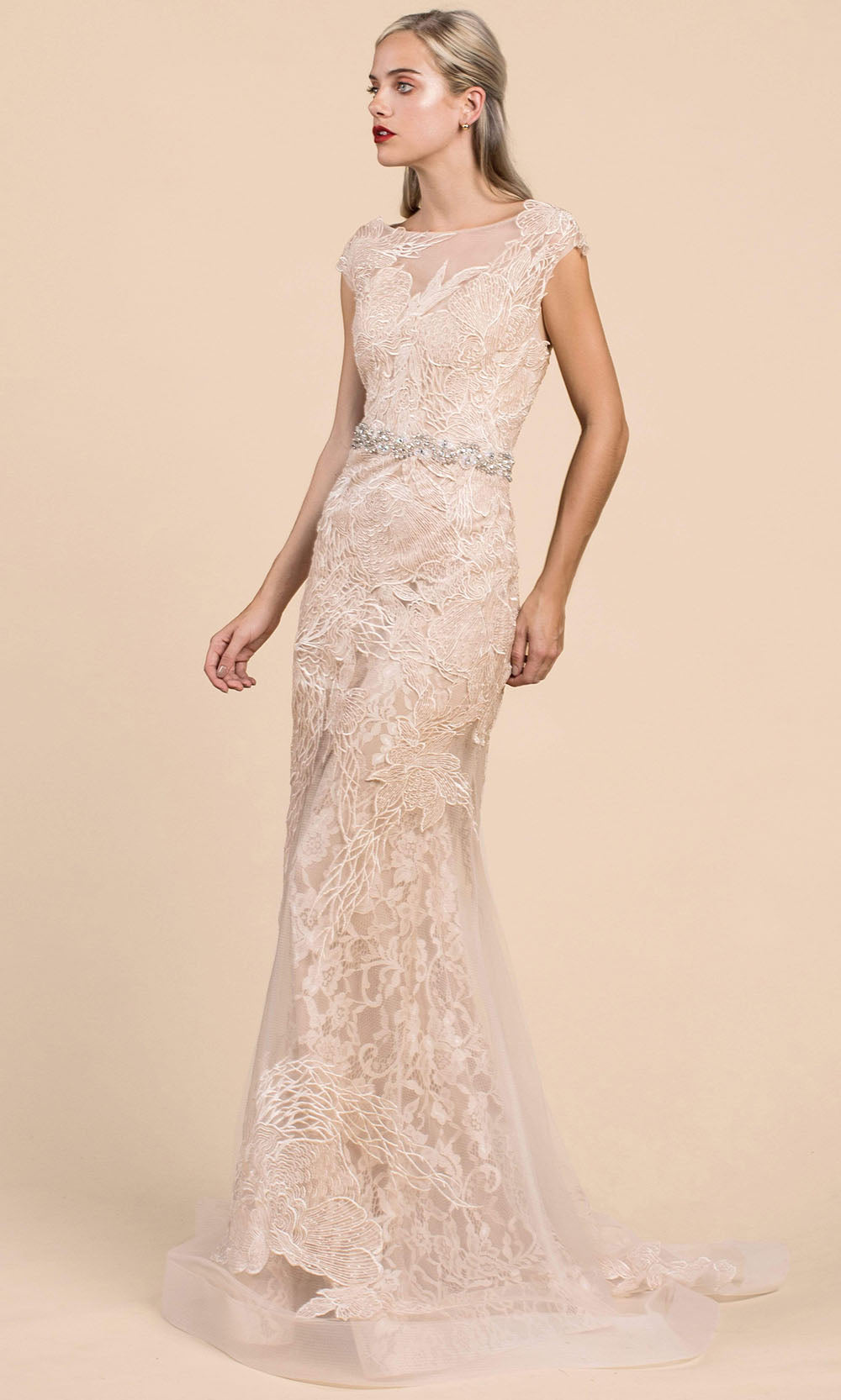 Andrea and Leo - A0225 Lace Mermaid Gown With Beaded Belt In Champagne and Gold