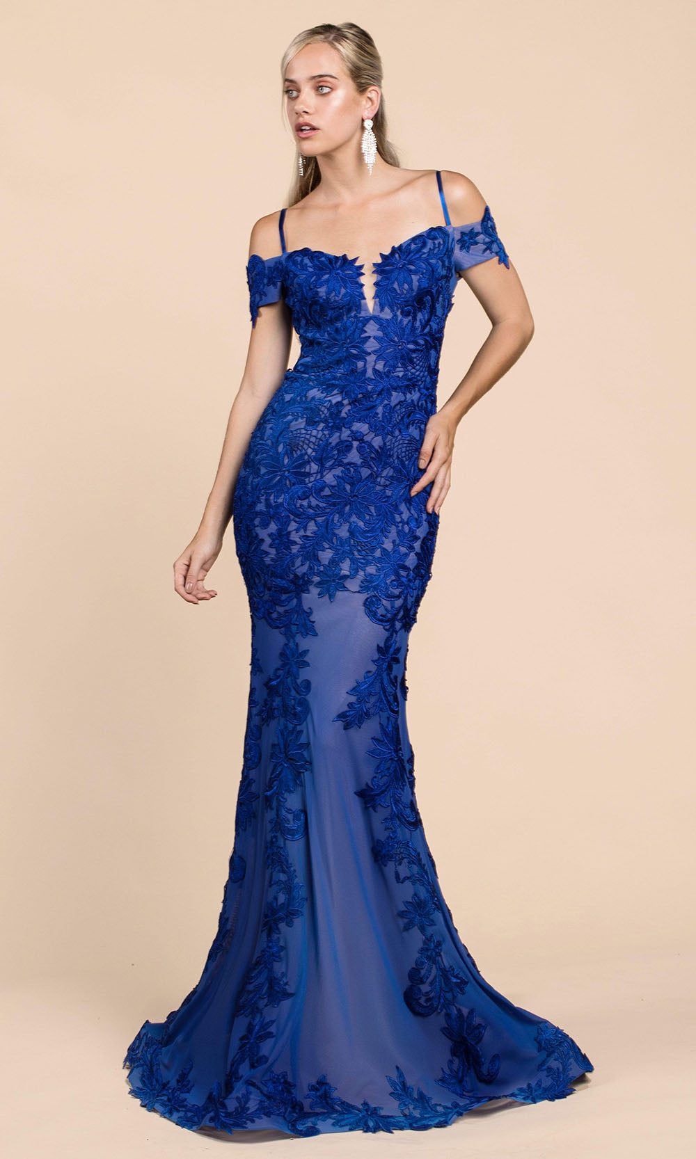 Andrea and Leo - A0258 Long Embroidered Mermaid Dress In Blue