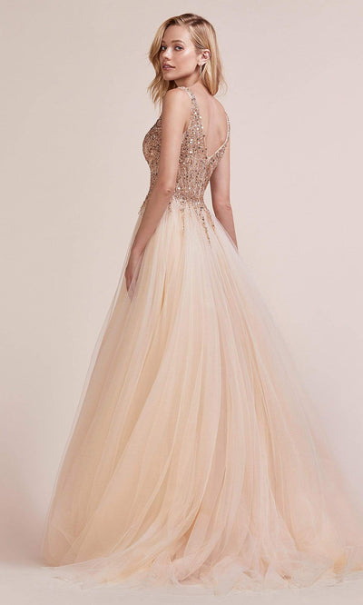Andrea and Leo - A0391 Beaded Illusion Bodice High Slit Gown In Champagne and Gold