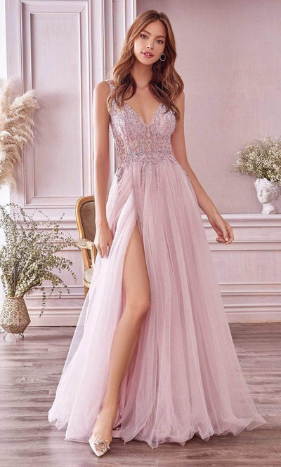 Andrea and Leo - A0391 Beaded Illusion Bodice High Slit Gown In Purple