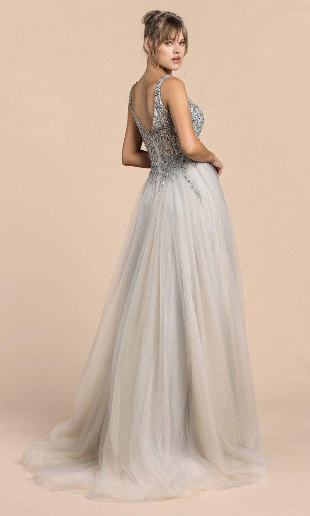 Andrea and Leo - A0391 Beaded Illusion Bodice High Slit Gown In Silver and Gray