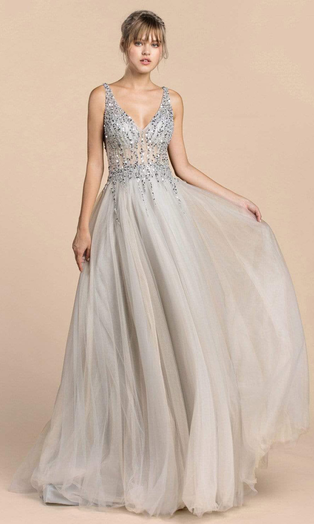 Andrea and Leo - A0391 Beaded Illusion Bodice High Slit Gown In Silver and Gray