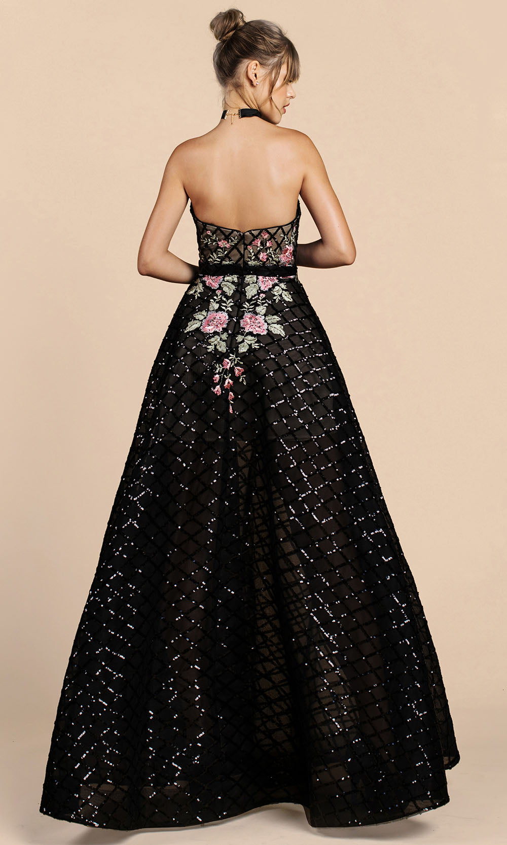 Andrea and Leo - A0393 Strapless Lattice Floral A-Line Dress In Black