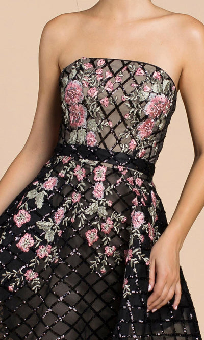 Andrea and Leo - A0393 Strapless Lattice Floral A-Line Dress In Black