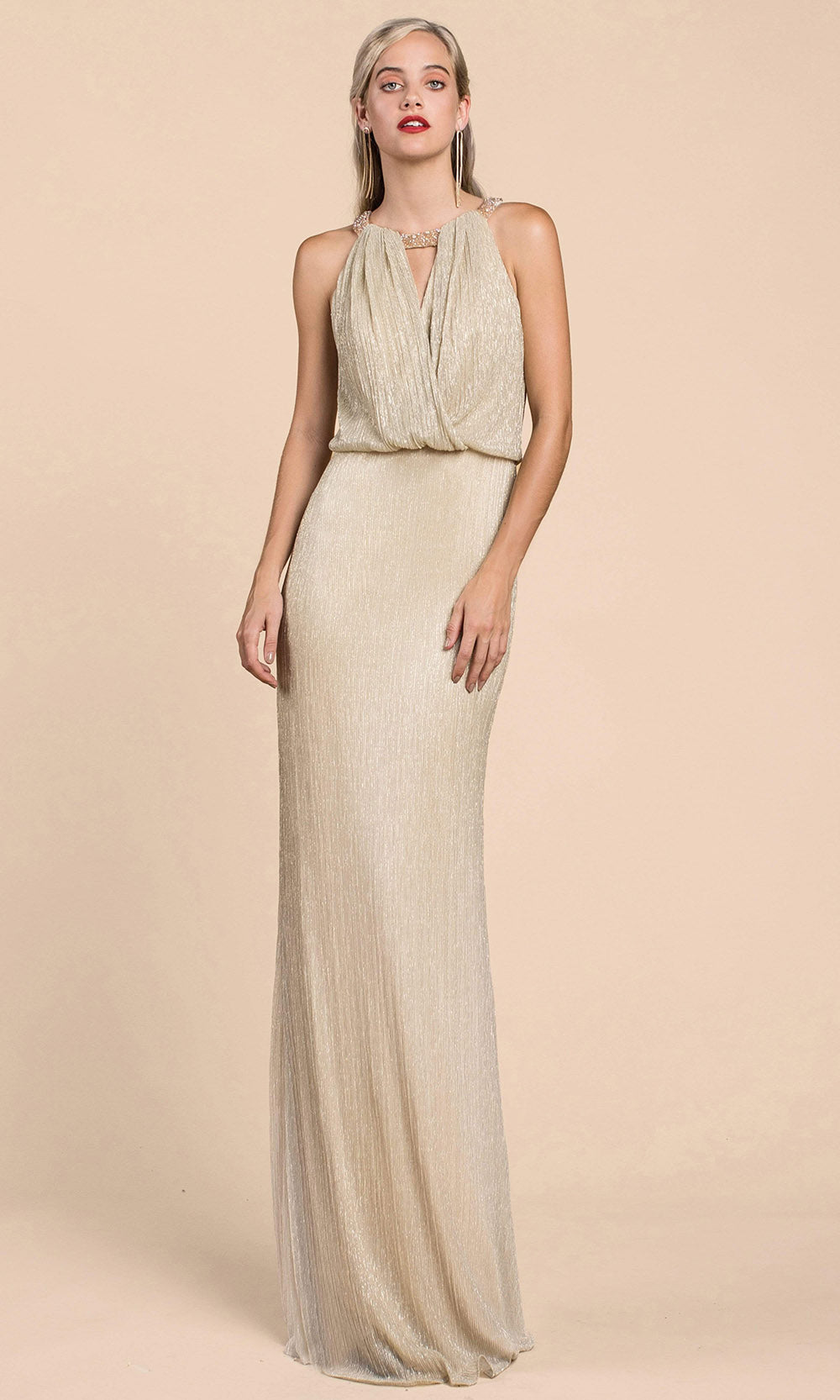 Andrea and Leo - A0500 Shimmering Blouson Column Dress In Neutral