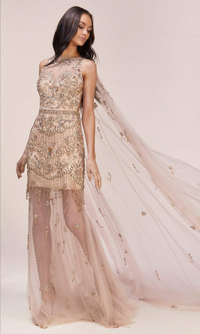Andrea and Leo - A0520 See Through Mesh Cape Dress In Gold