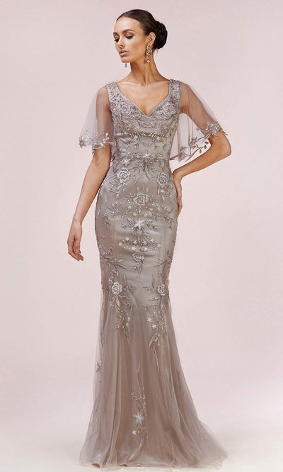 Andrea and Leo - A0553 Bell Sleeve Embroidered Long Dress In Silver