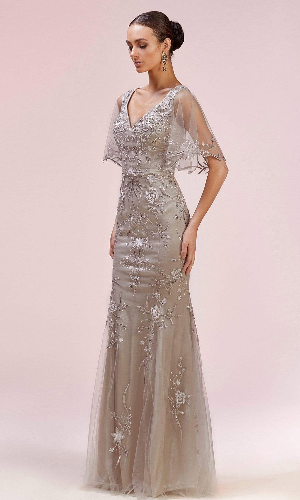 Andrea and Leo - A0553 Bell Sleeve Embroidered Long Dress In Silver