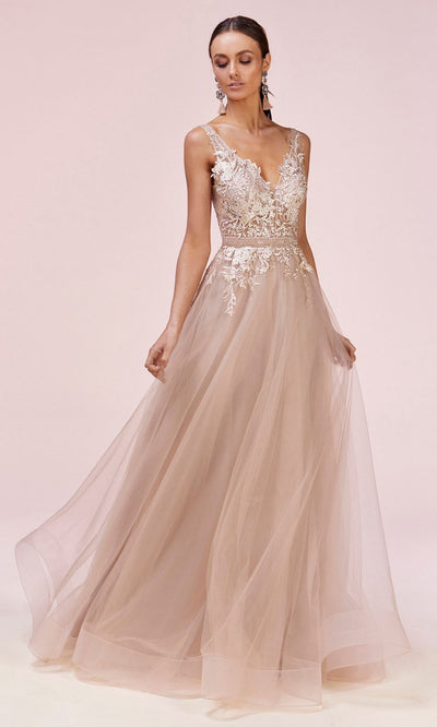 Andrea and Leo - A0567 V Neck Embroidered Tulle Gown In Pink and Gold