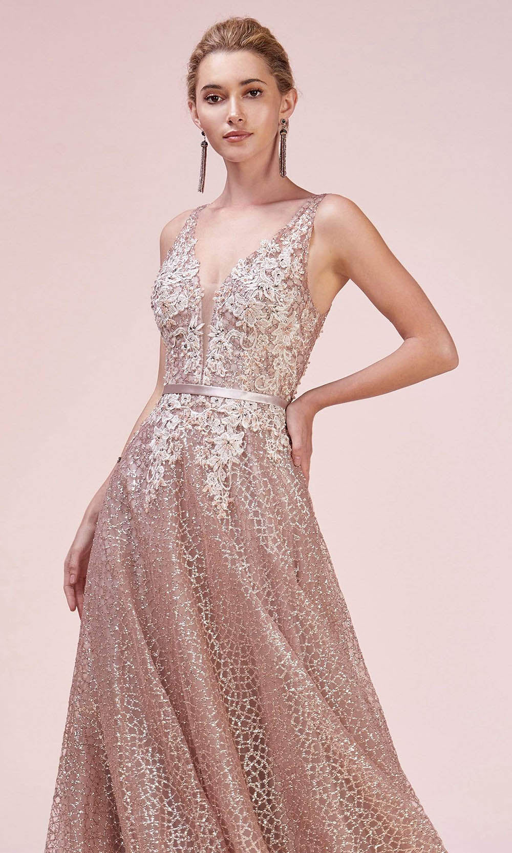 Andrea and Leo - A0568 Open V Back Glittered Gown In Gold