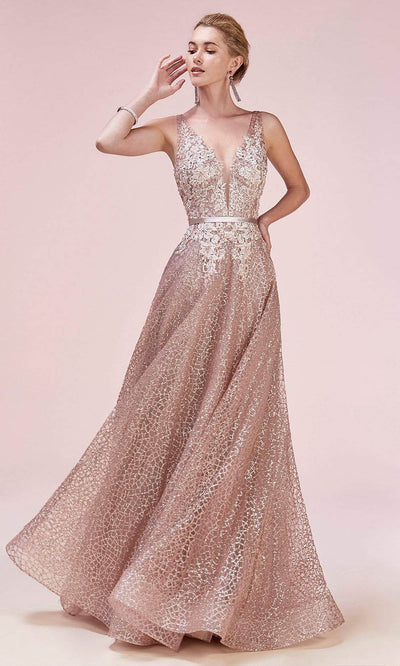 Andrea and Leo - A0568 Open V Back Glittered Gown In Gold