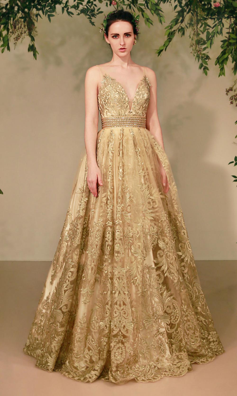 Andrea and Leo - A0620 Illusion V Neck Beaded Waist Gown In Gold