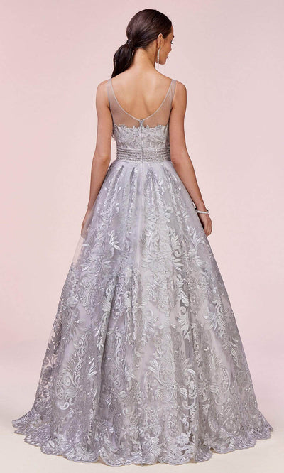 Andrea and Leo - A0620 Illusion V Neck Beaded Waist Gown In Silver