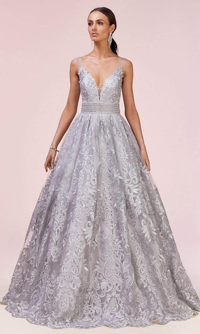 Andrea and Leo - A0620 Illusion V Neck Beaded Waist Gown In Silver
