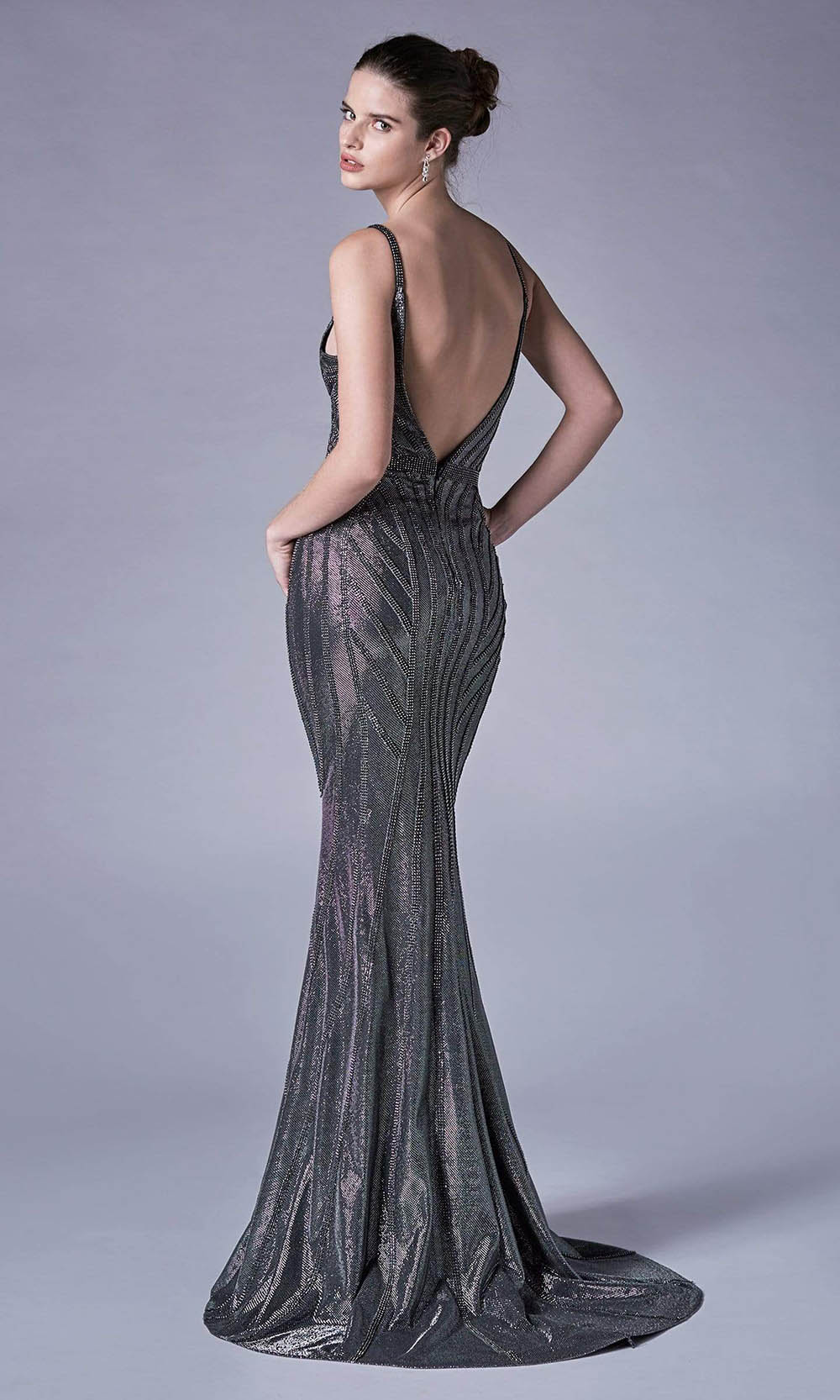 Andrea and Leo - A0646 Beaded Sheath Jacquard Dress In Silver and Gray