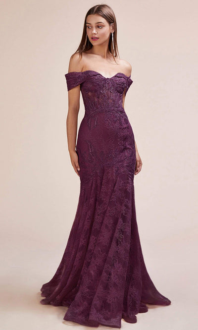 Andrea and Leo - A0666 Off Shoulder Corset Lace Trumpet Gown In  Purple
