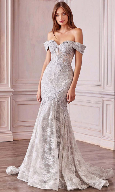 Andrea and Leo - A0666 Off Shoulder Corset Lace Trumpet Gown In Silver