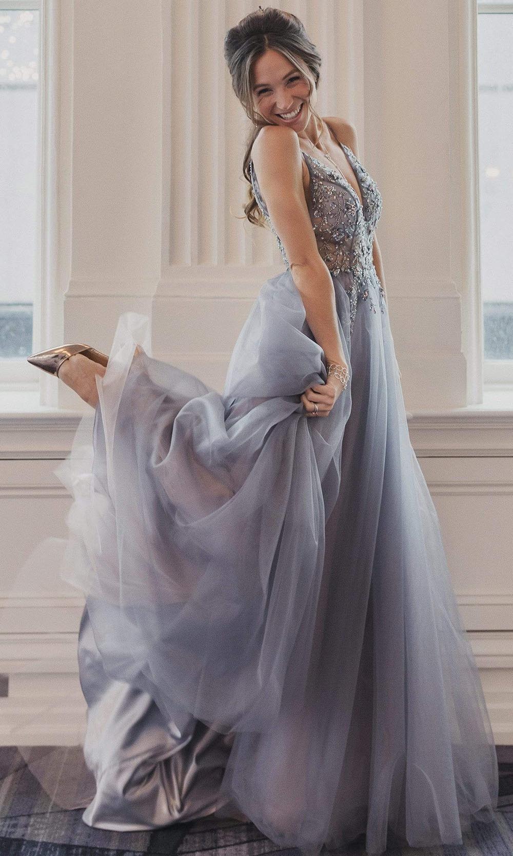 Andrea and Leo - A0672 Illusion Beaded Bodice A-Line Tulle Gown In Blue