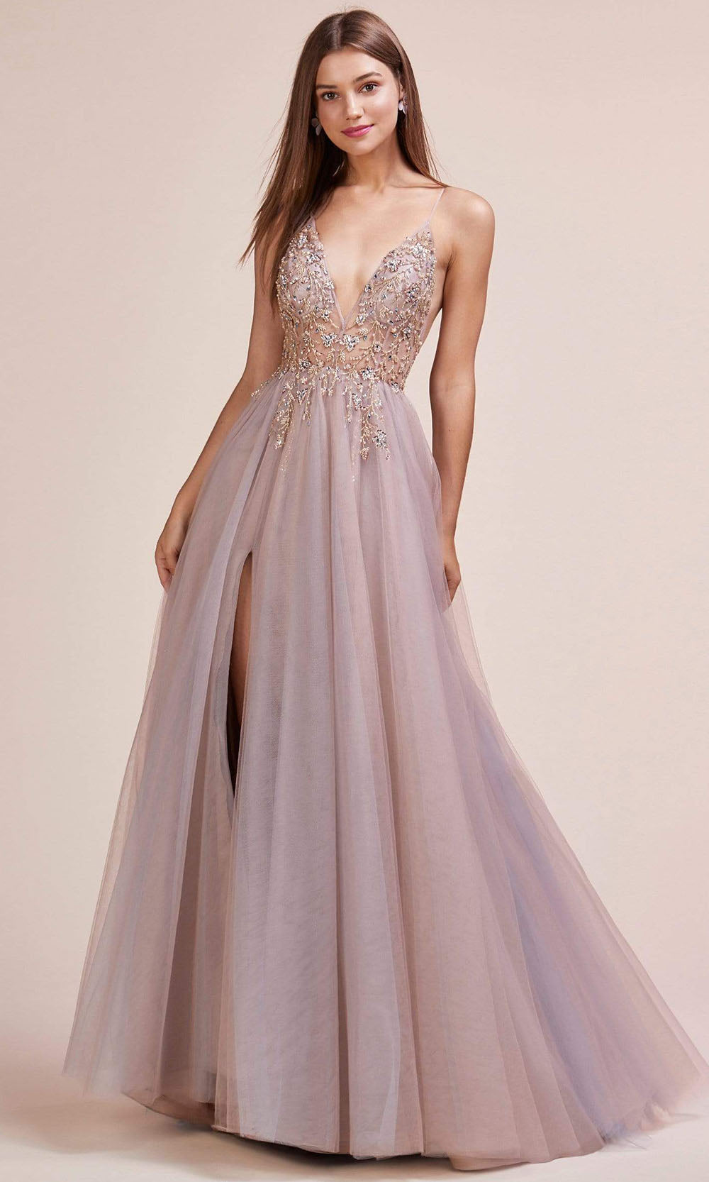 Andrea and Leo - A0672 Illusion Beaded Bodice A-Line Tulle Gown In Pink