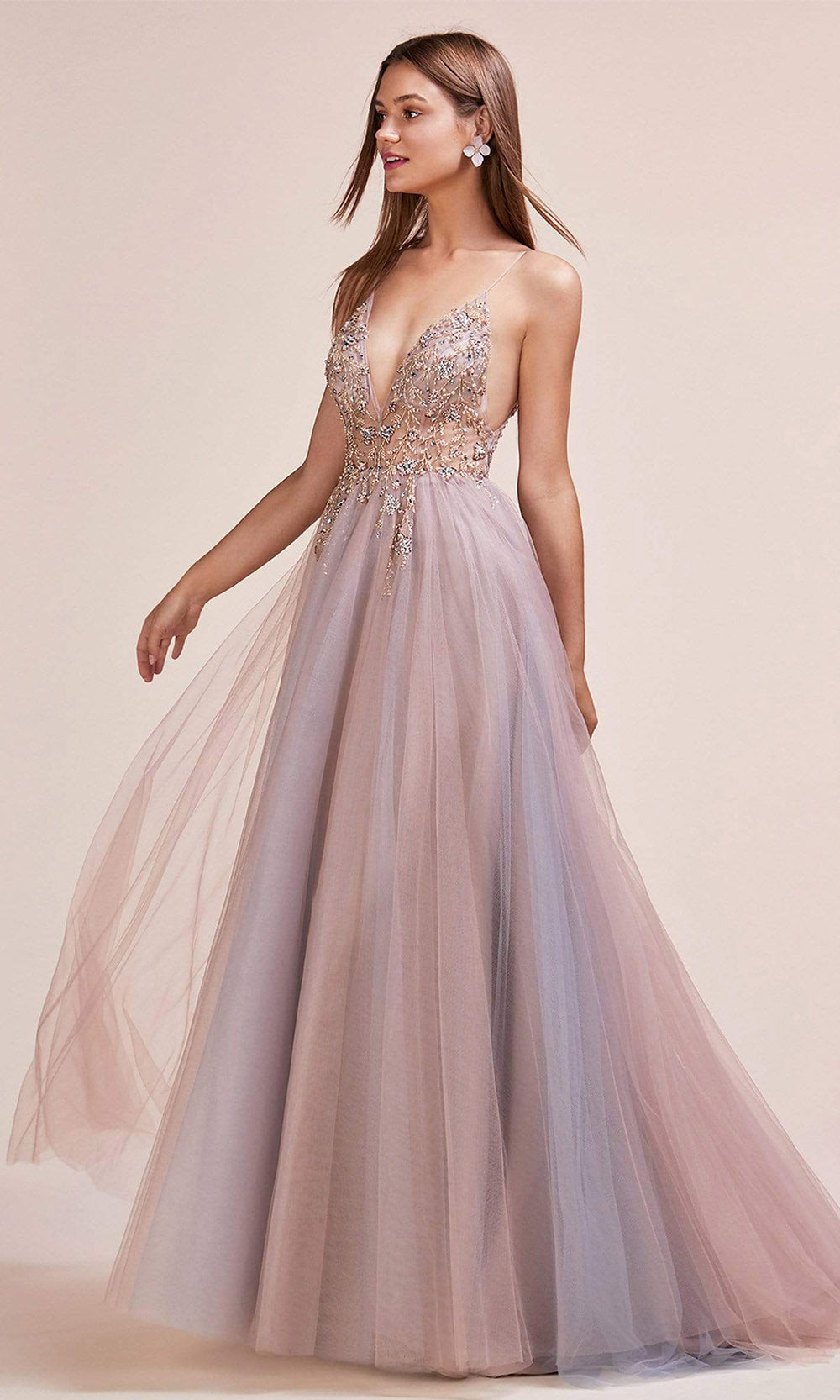 Andrea and Leo - A0672 Illusion Beaded Bodice A-Line Tulle Gown In Pink