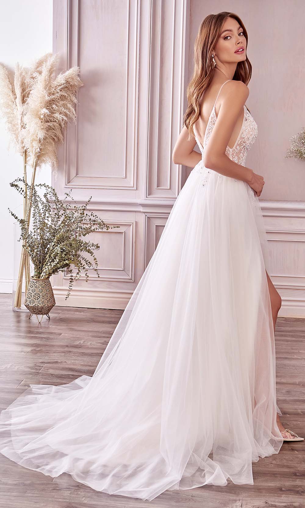 Andrea and Leo - A0672W Floral Beaded High Slit Bridal Dress In White 
