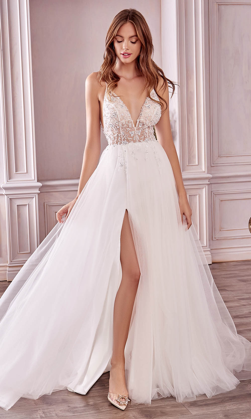 Andrea and Leo - A0672W Floral Beaded High Slit Bridal Dress In White 