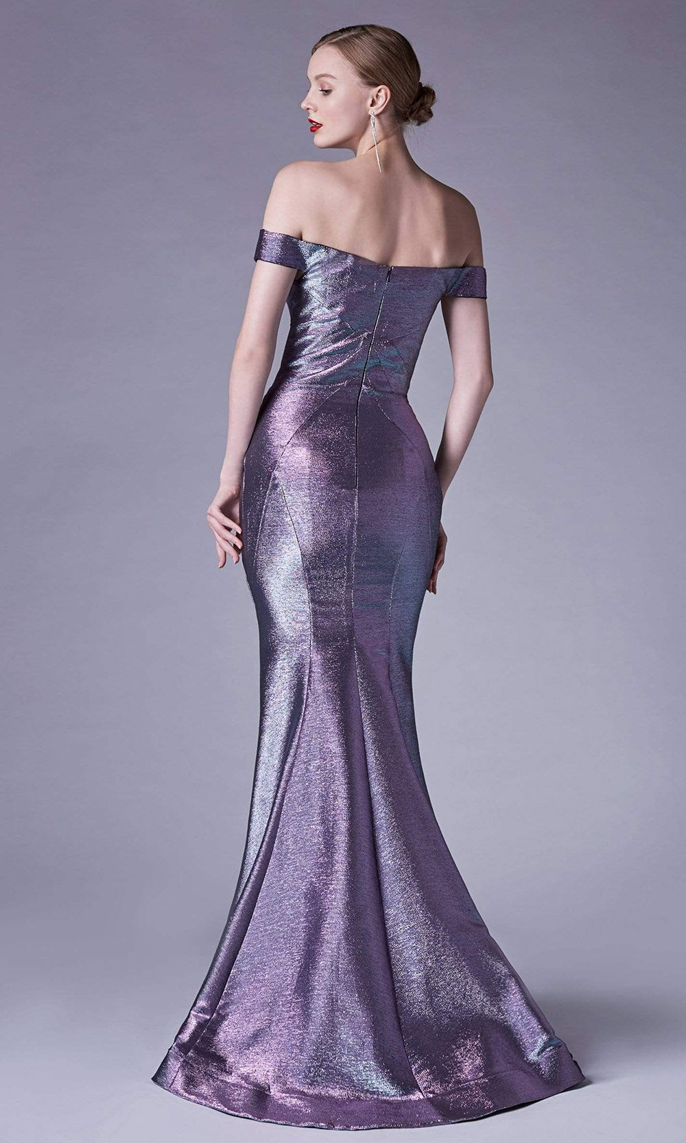 Andrea and Leo - A0725 Plunged Off-Shoulder Metallic Mermaid Gown In Blue