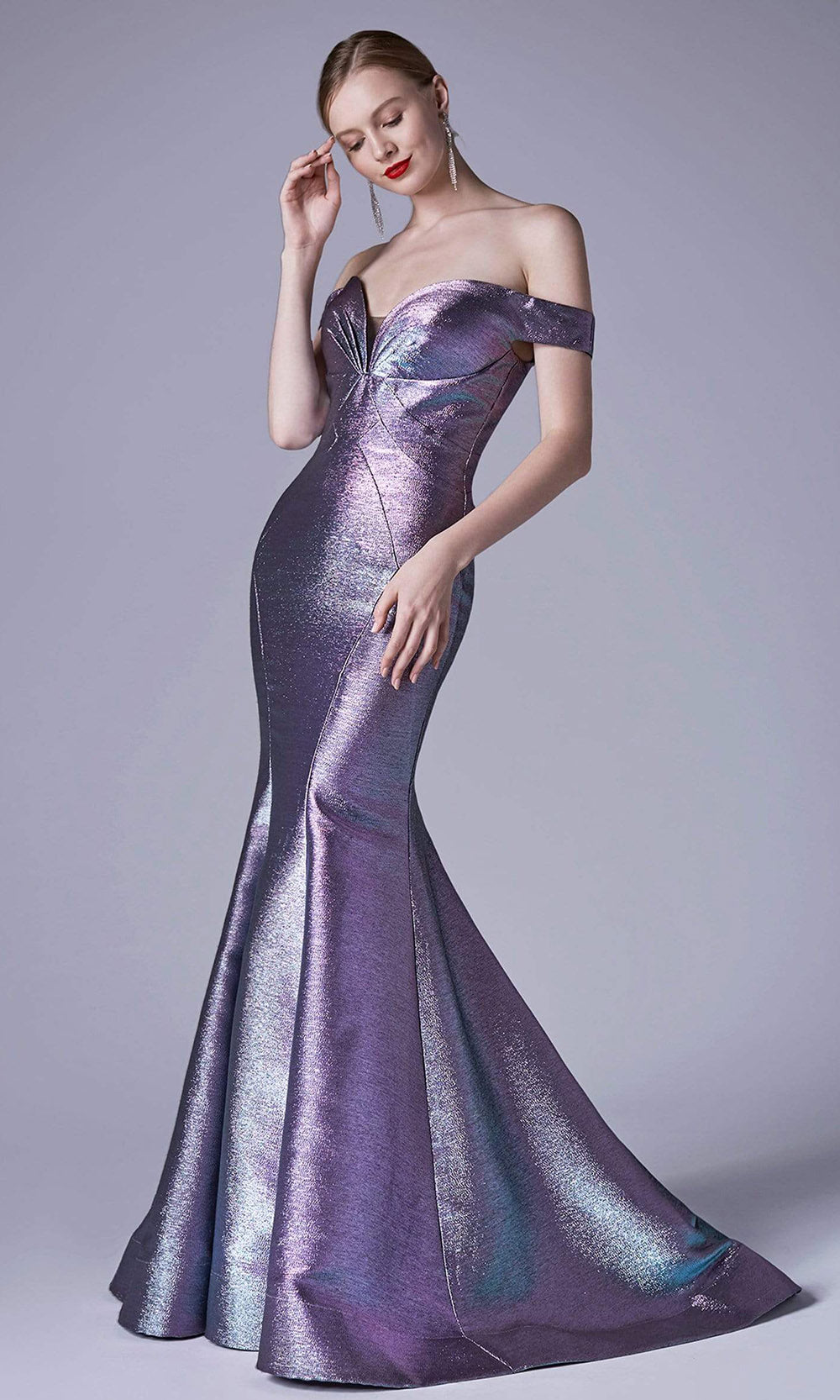 Andrea and Leo - A0725 Plunged Off-Shoulder Metallic Mermaid Gown In Blue