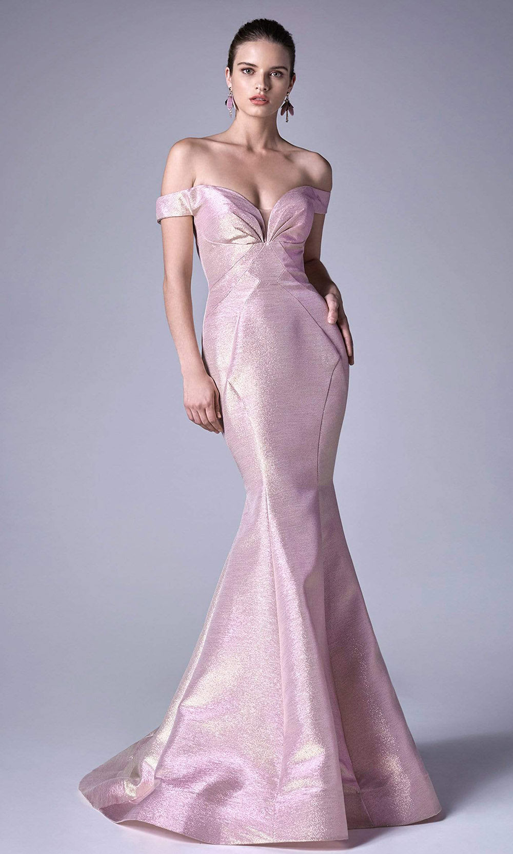 Andrea and Leo - A0725 Plunged Off-Shoulder Metallic Mermaid Gown In Pink