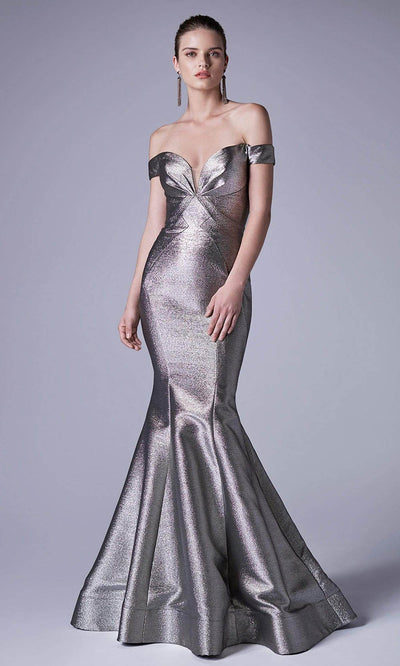 Andrea and Leo - A0725 Plunged Off-Shoulder Metallic Mermaid Gown In Silver