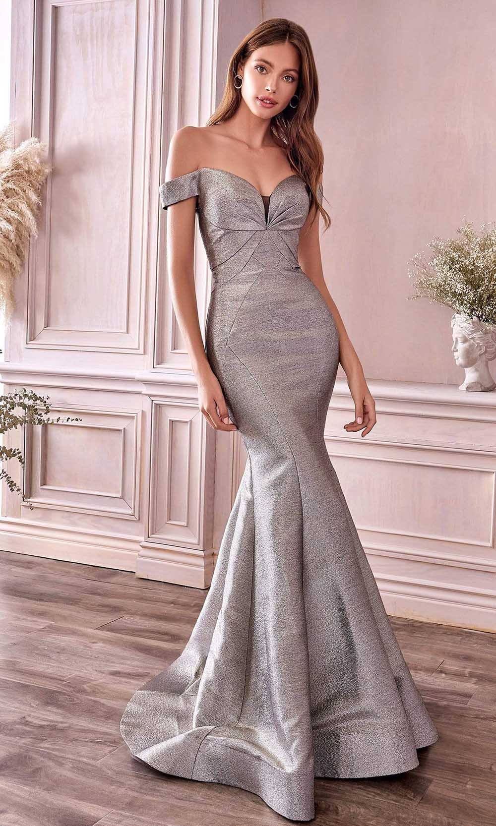 Andrea and Leo - A0725 Plunged Off-Shoulder Metallic Mermaid Gown In Silver