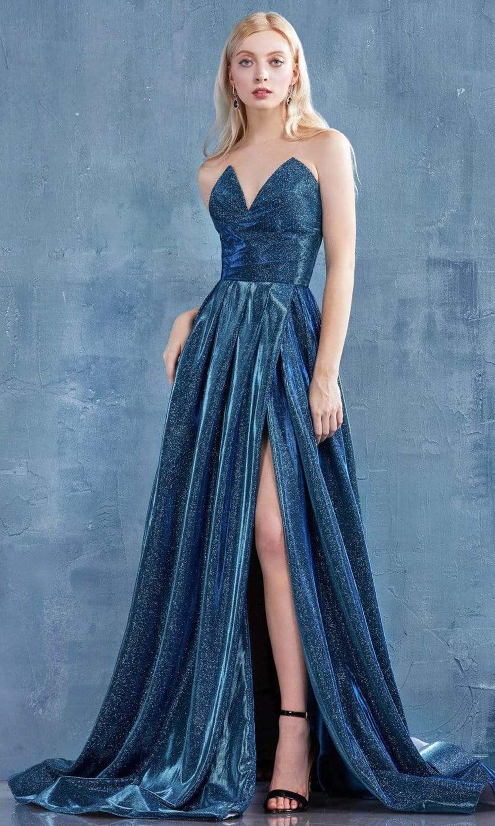 Andrea and Leo - A0734 Strapless Peak V-Neck A-Line Glitter Gown In Blue