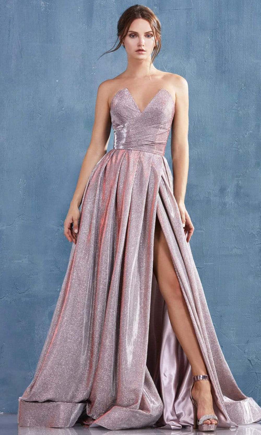 Andrea and Leo - A0734 Strapless Peak V-Neck A-Line Glitter Gown In Pink