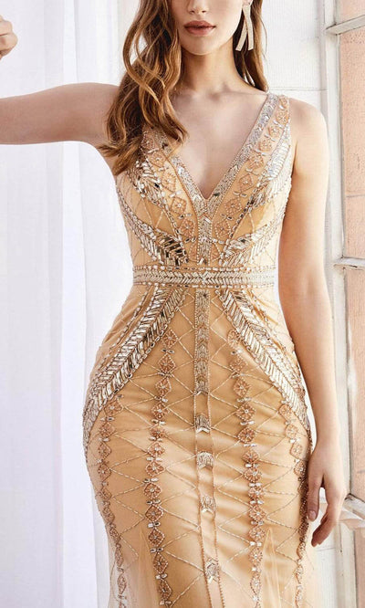 Andrea and Leo - A0756 Metallic Geometric Beaded Dress In Champange and Gold