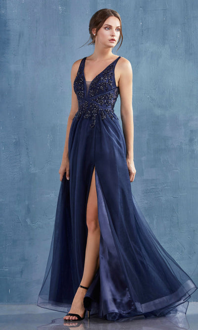 Andrea and Leo - A0762 Floral Lace Plunged V-Neck Tulle Gown In Blue